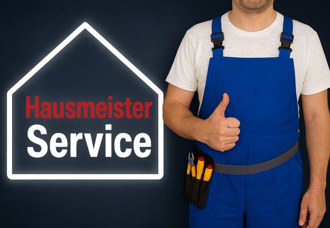 Haus mit Schriftzug Hausmeister-Service, daneben ein Handwerker im blauen Overall mit Daumen hoch